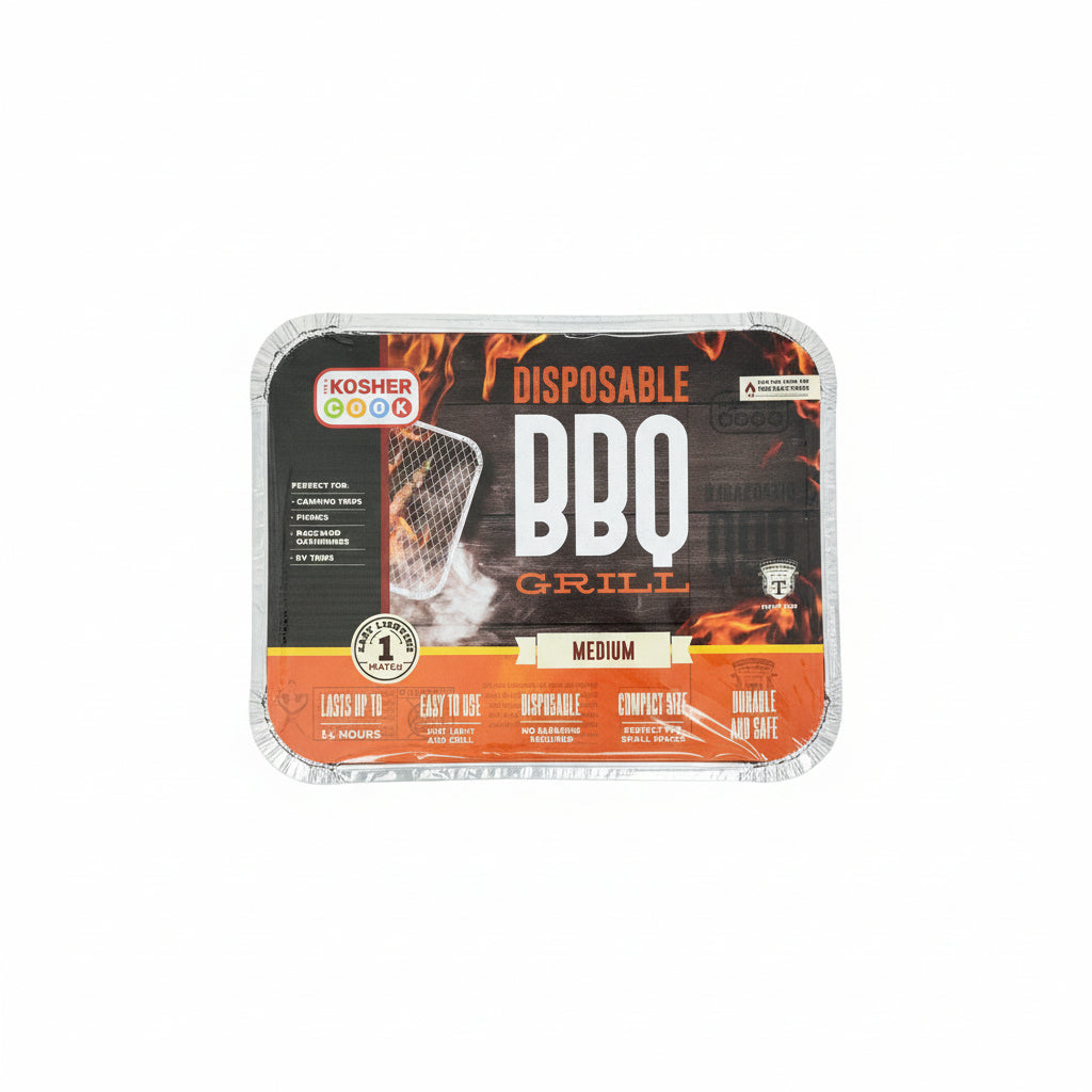 Disposable BBQ Grill packaging with branding and product details on a white background