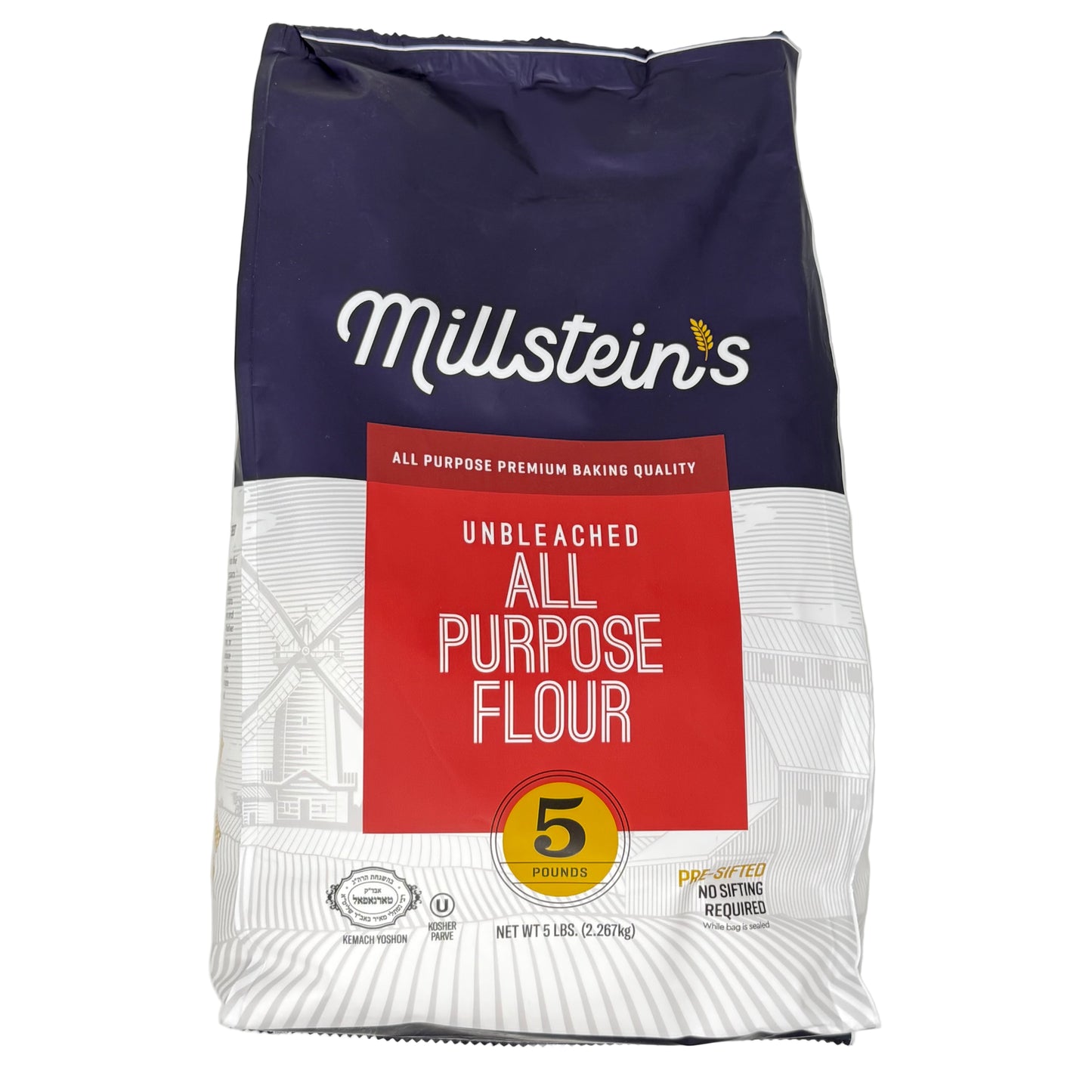 Bag of Millstein's all purpose flour on a white background