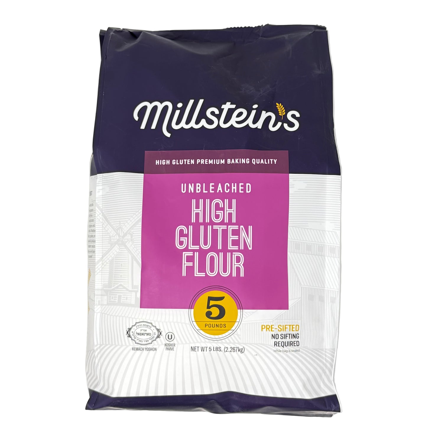 Bag of Millstein's high gluten flour on a white background