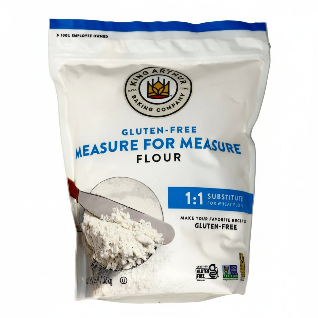 Bag of King Arthur Gluten-Free Measure for Measure Flour on a white background