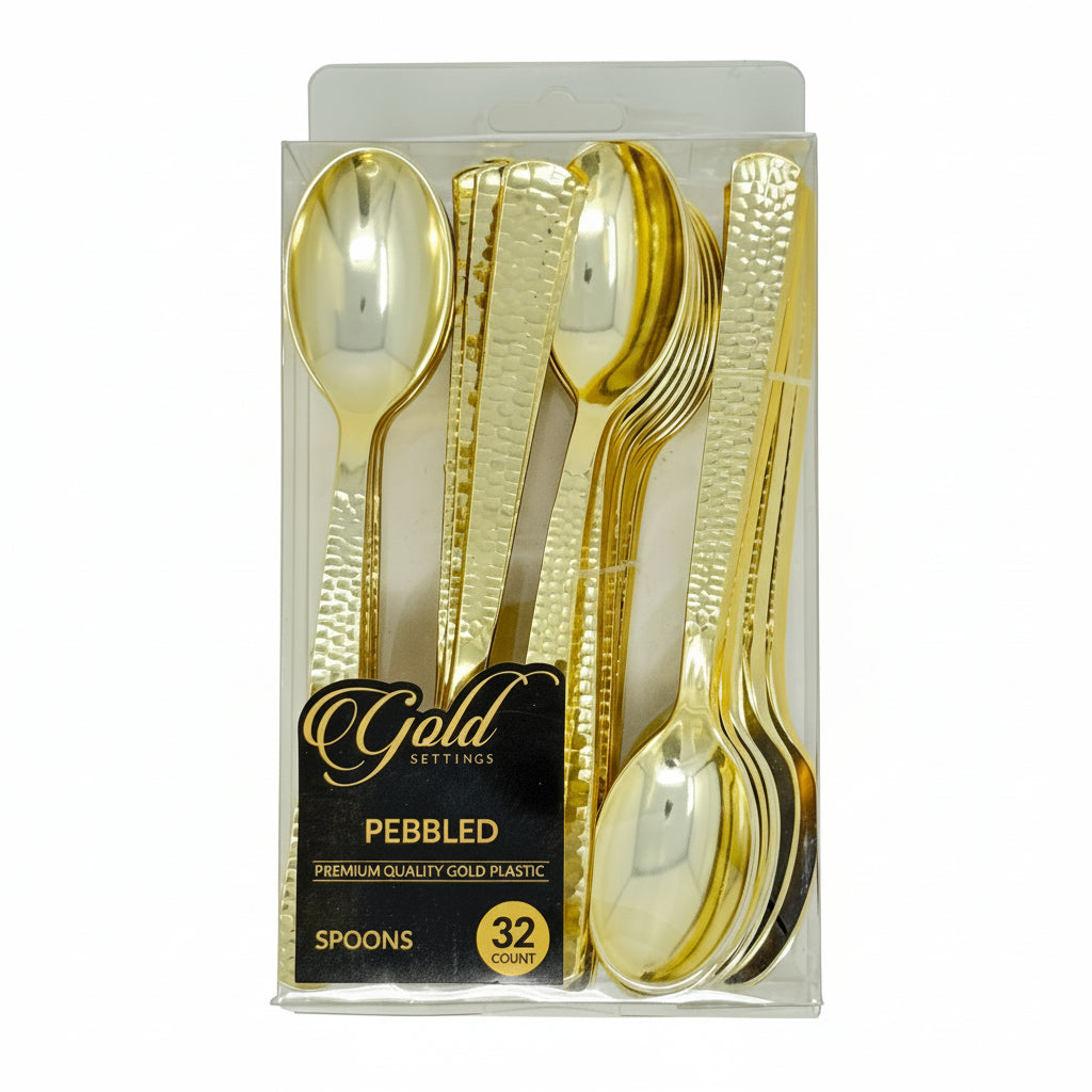 Gold plastic spoons in packaging with 'Gold Settings' branding on a white background