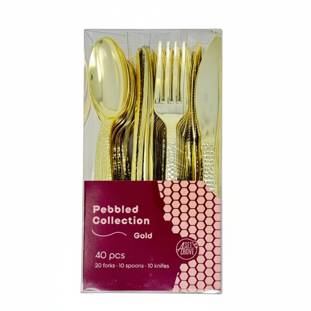 Gold cutlery set in packaging with 'Pebbled Collection' label on a white background