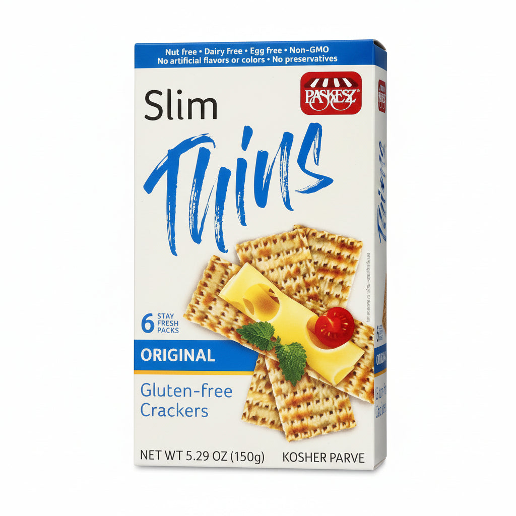 Box of Parchez Slim Thins crackers with cheese and tomato on a white background