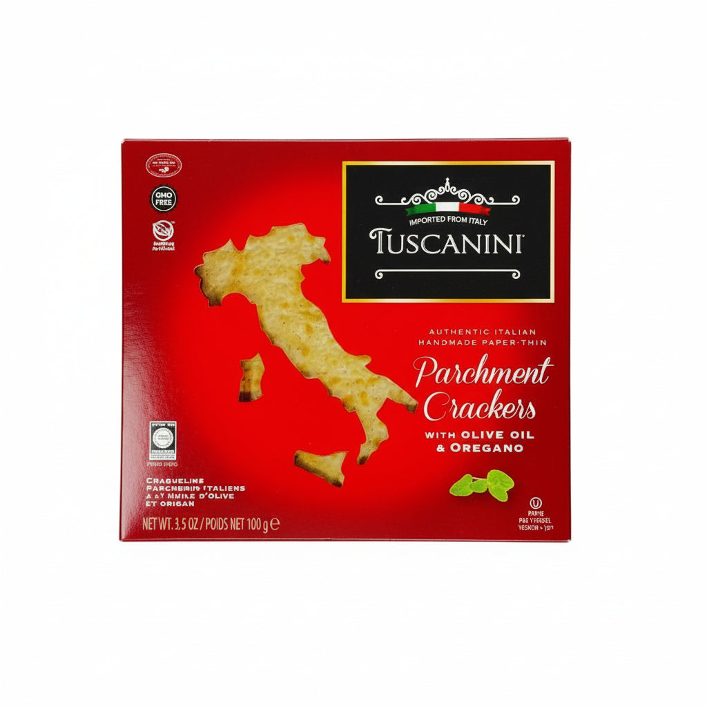 Box of Tuscanini Parchment Crackers with Olive Oil & Oregano on a white background