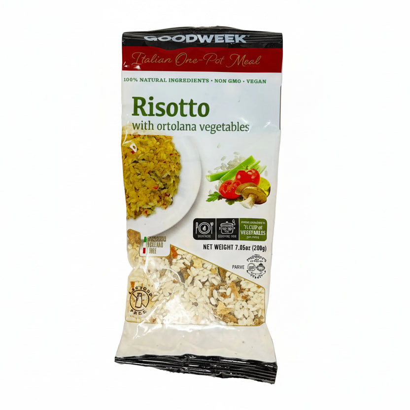 Goodweek Risotto with ortolana vegetables packaging on a white background