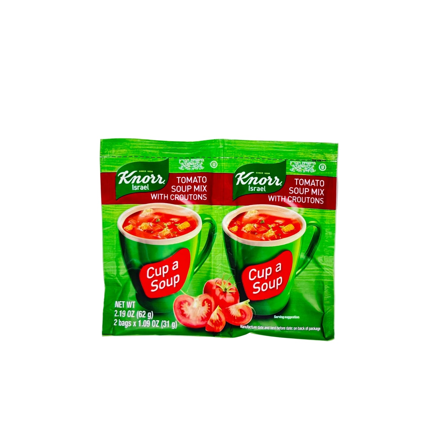 Knorr tomato soup mix with croutons packaging on a white background