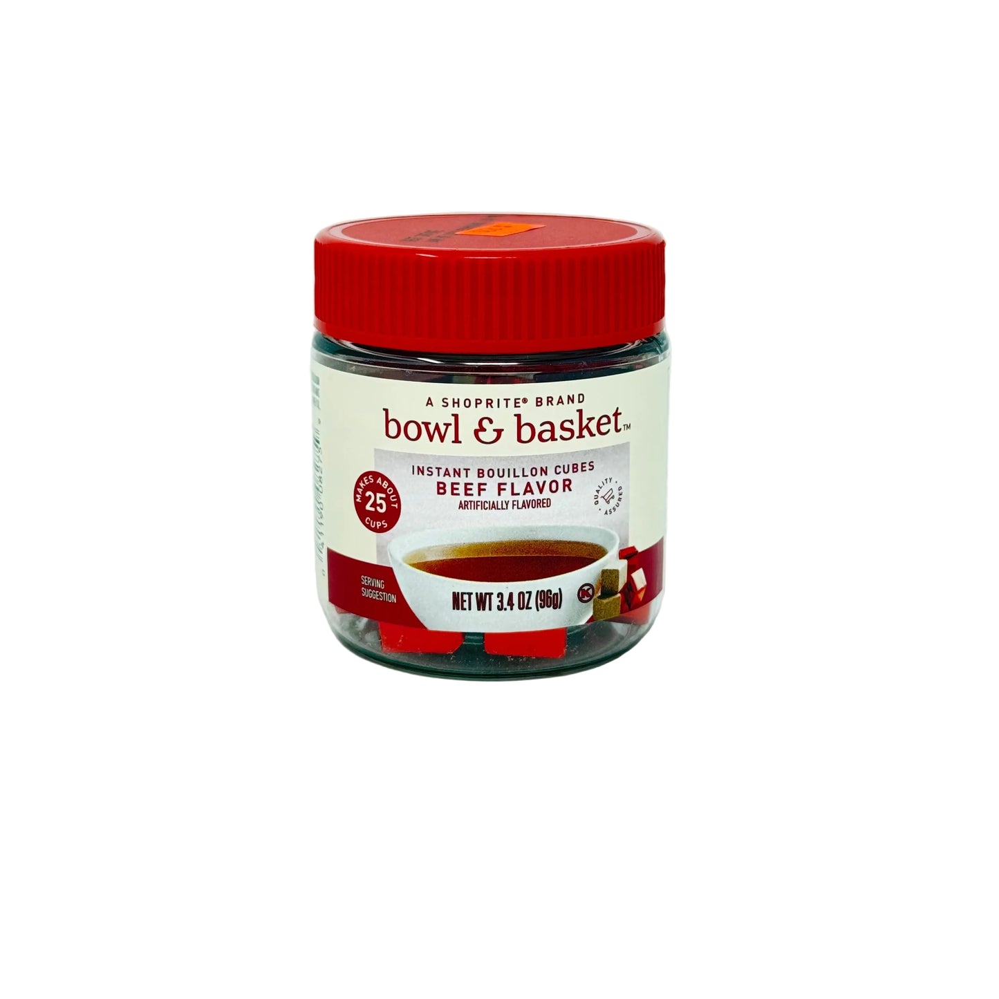 Jar of Bowl & Basket instant bouillon cubes with a red lid on a light gray background