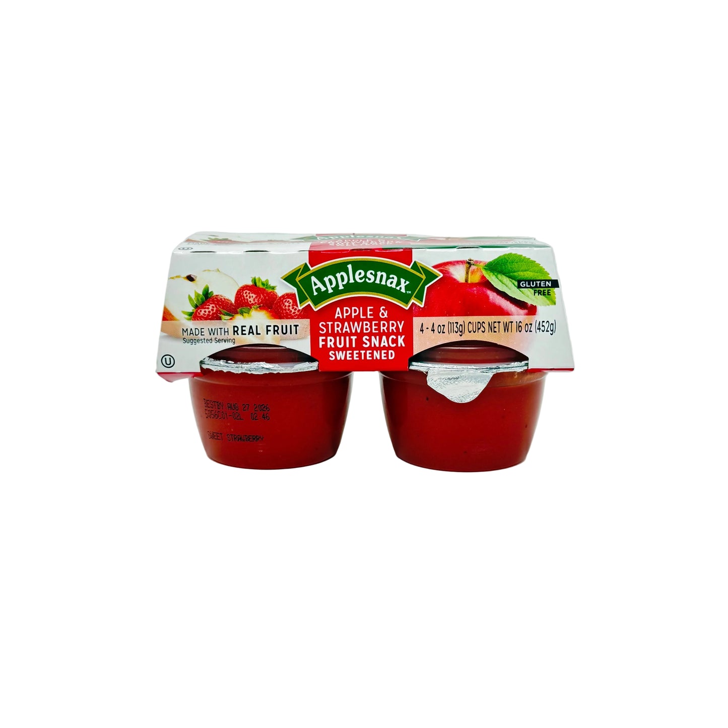 Applesnax fruit snack packaging with two red cups on a white background