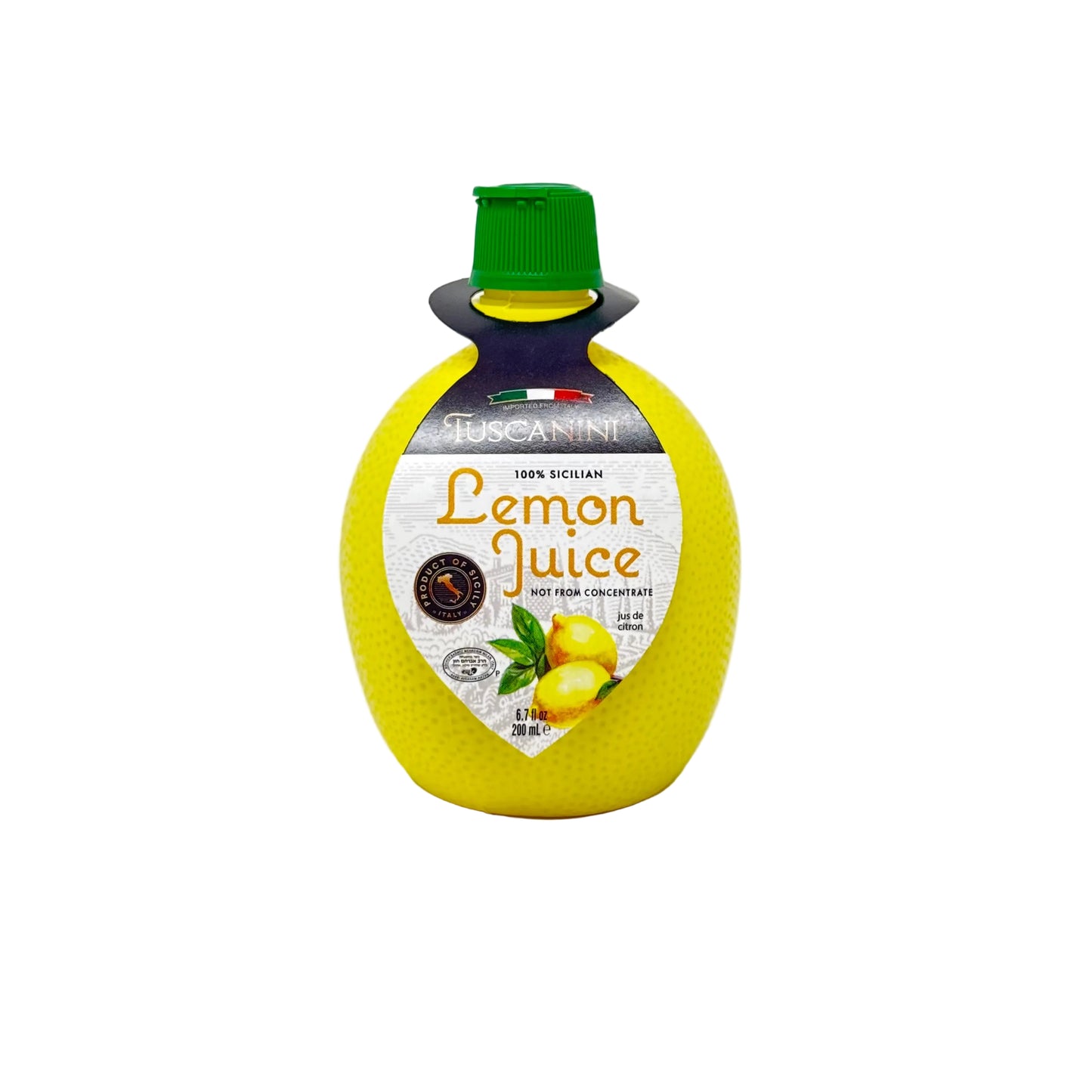 Bottle of Tuscanini lemon juice on a white background