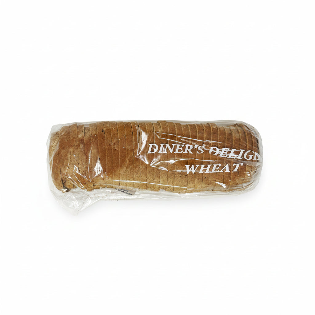 A packaged slice of whole wheat sliced bread with the label 'Diner's Delight Wheat' visible.