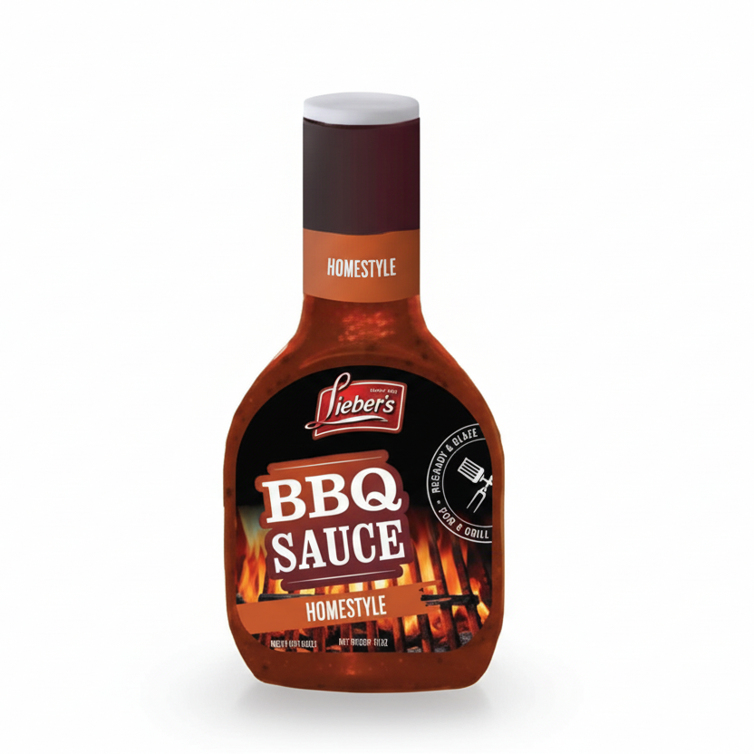 Bottle of Lieber's Homestyle BBQ Sauce on a white background