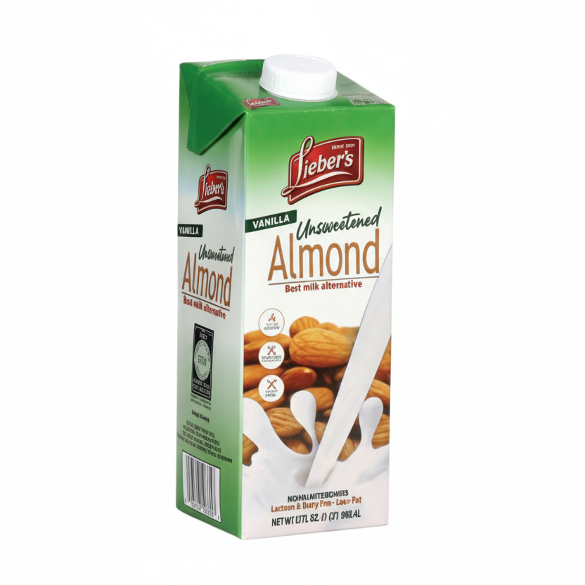 Carton of Leber's Unconventional Almond milk on a white background