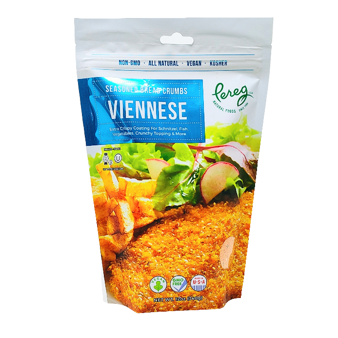 A package of Pereg Seasoned Bread Crumbs Viennese in a clear plastic resealable bag with a green and white label, featuring an image of breaded food.