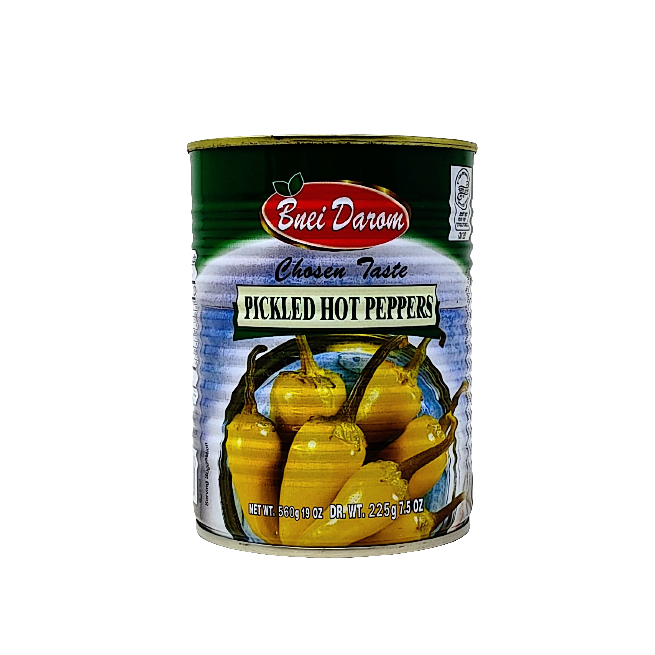 Can of Bnei D'varim Pickled Hot Peppers on a white background
