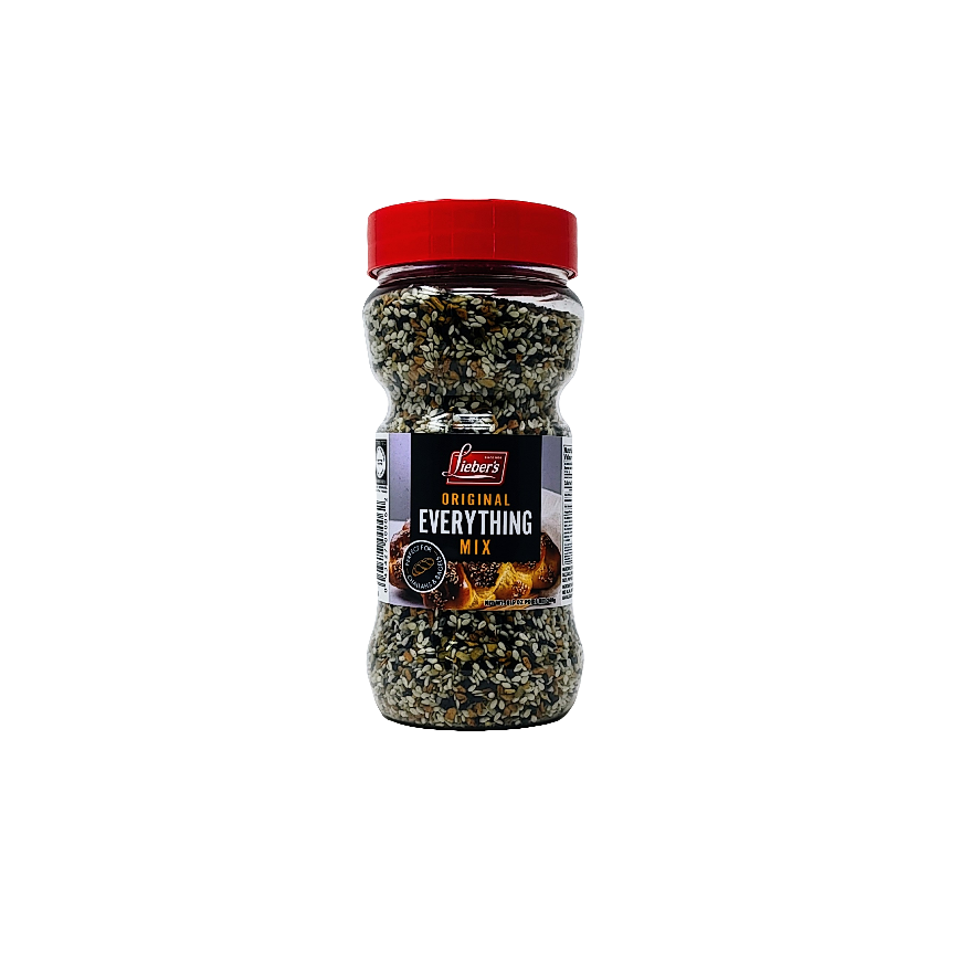 A container of Lieber's Original Everything Mix, with a red lid, labeled as 'EVERYTHING MIX' and featuring an image of bread slices with a sprinkle of sesame seeds on top.
