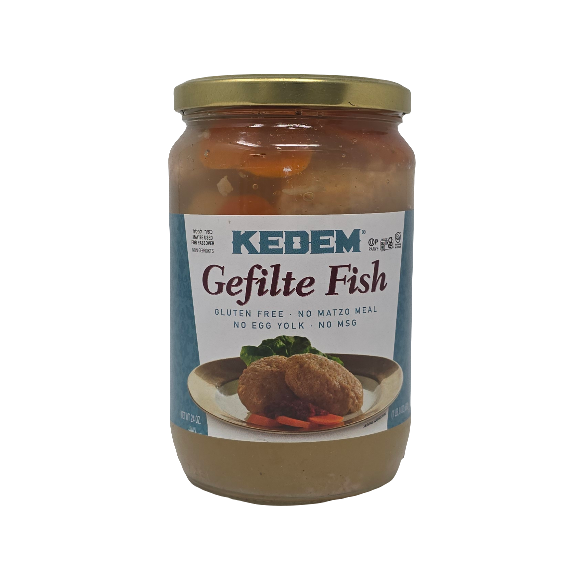 Jar of Kedem Gefilte Fish on a white background