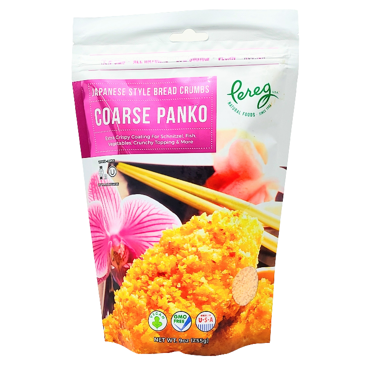 A package of Pereg Japanese Style Bread Crumbs Coarse Panko in a 9 oz bag, with an image of breaded food on the front.