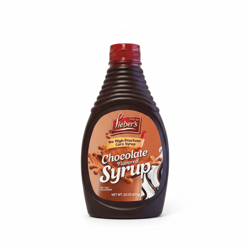 Bottle of Lieber's Chocolate Flavored Syrup on a white background