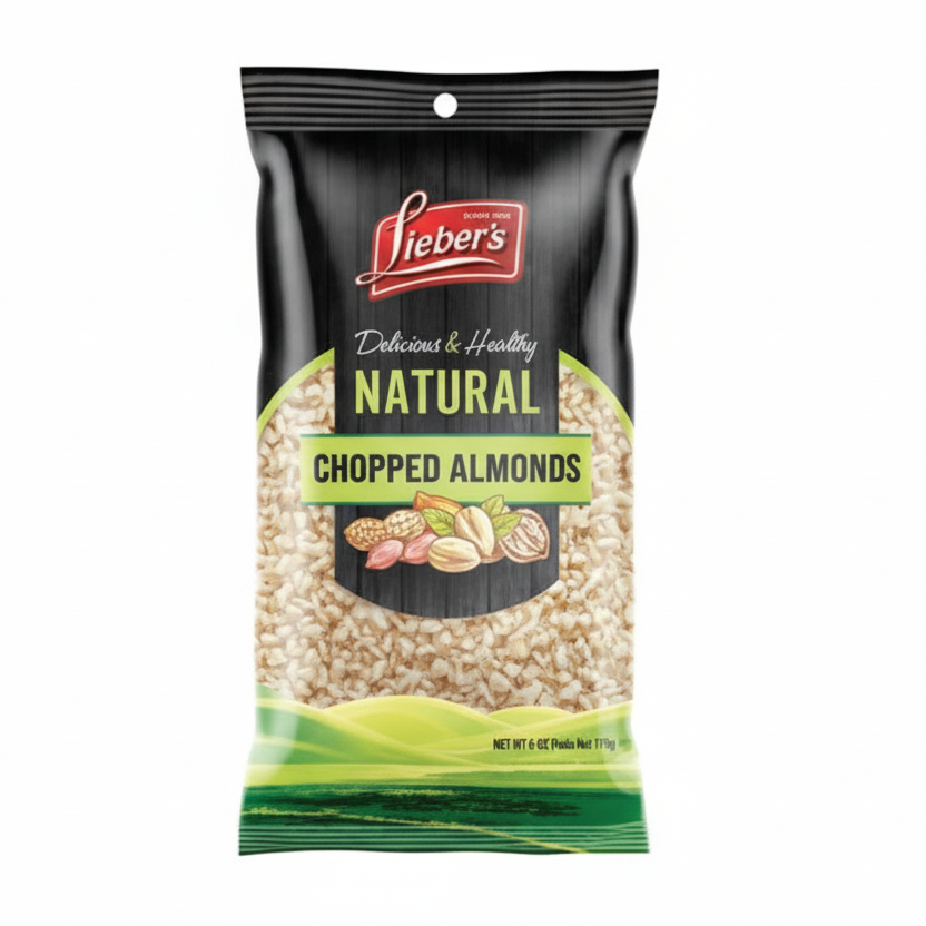 Bag of Lieber's natural chopped almonds on a white background