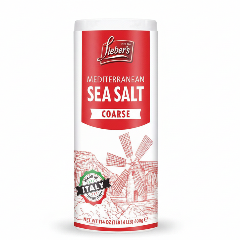 Canister of Lieber's Mediterranean Sea Salt Coarse on a white background