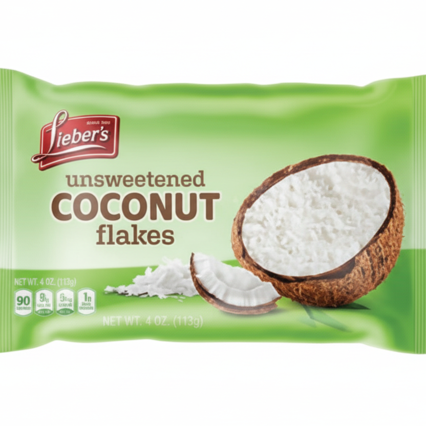 Package of Heber's unsweetened coconut flakes on a white background