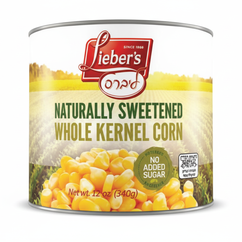 Can of Lieber's Naturally Sweetened Whole Kernel Corn on a white background