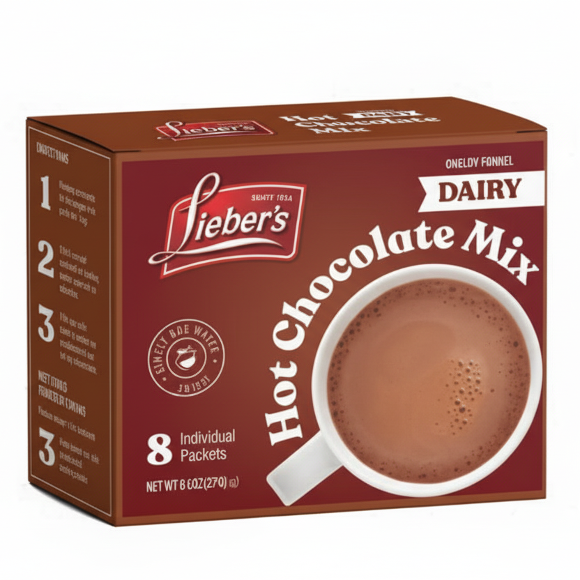 Box of Lieber's Dairy Hot Chocolate Mix on a white background