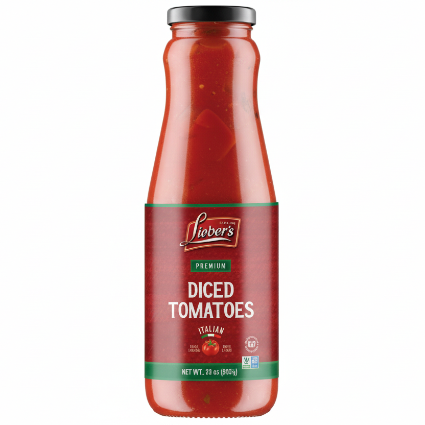 Bottle of Linder's diced tomatoes on a white background