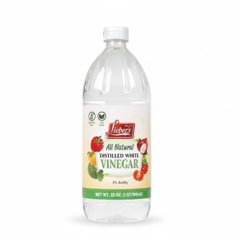 Bottle of Lemer's All Natural Distilled White Vinegar on a white background