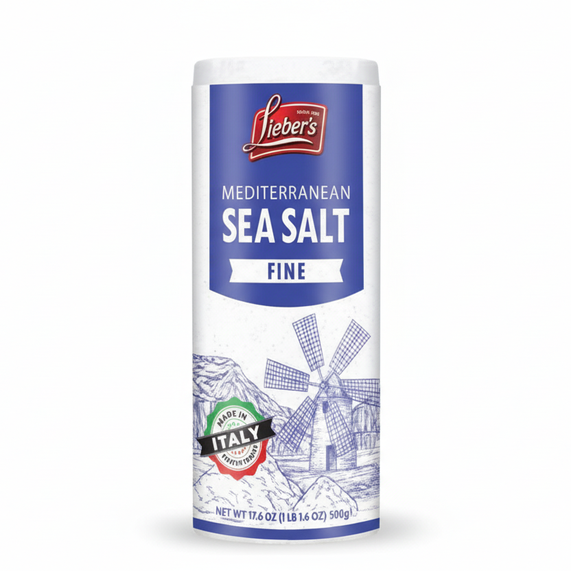 Canister of Lieber's Mediterranean Sea Salt on a white background