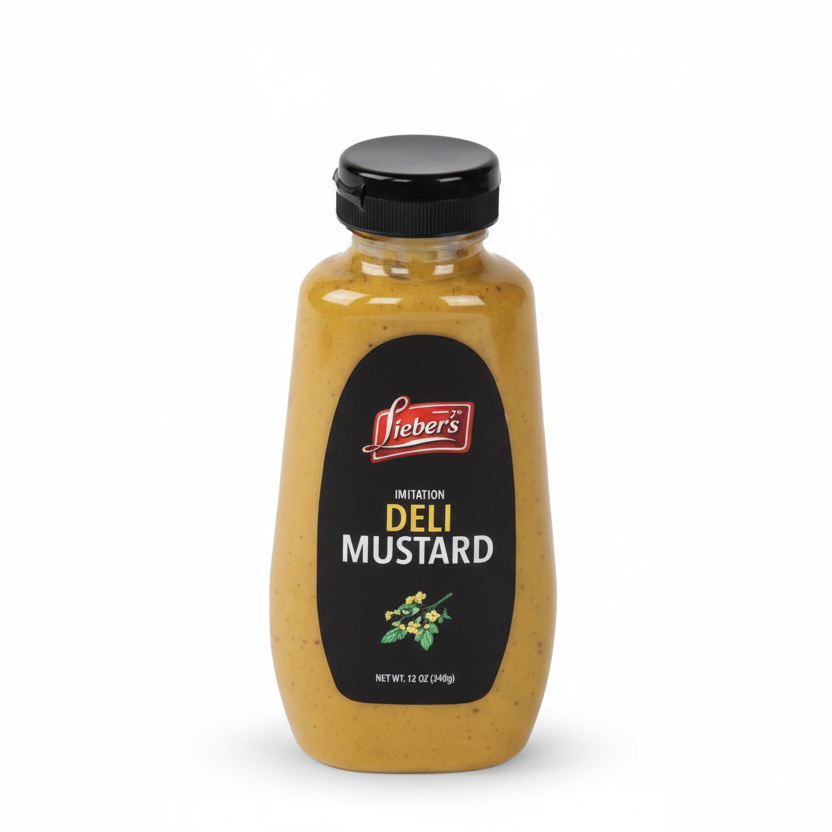 Bottle of liebers Deli Mustard on a white background