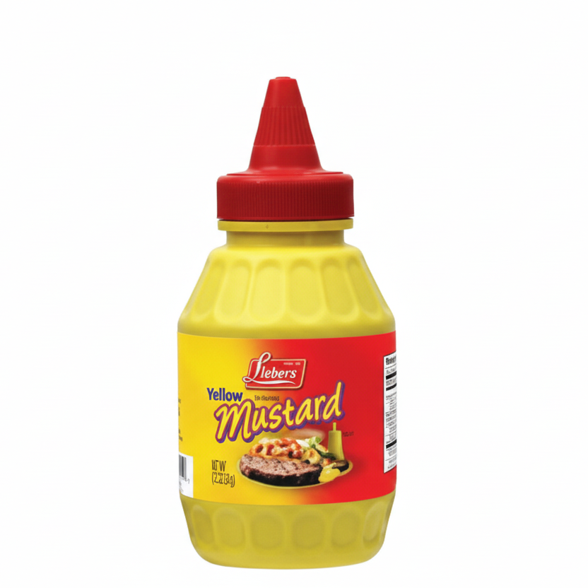 Mustard bottle with red cap on a white background