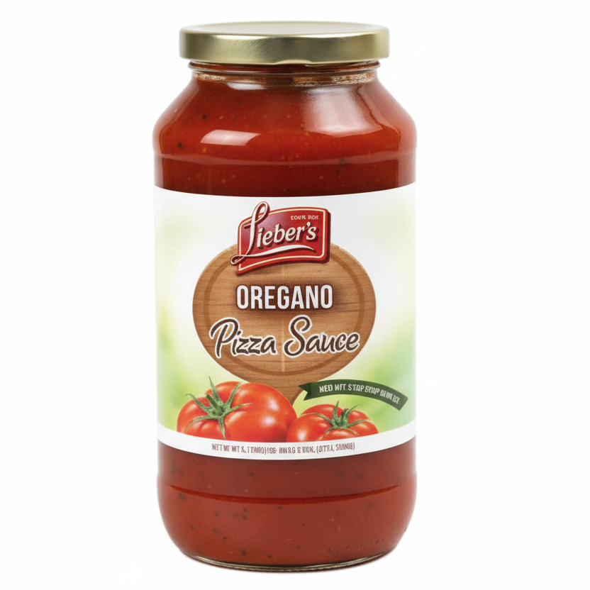 Jar of Lieber's Oregano Pizza Sauce on a white background