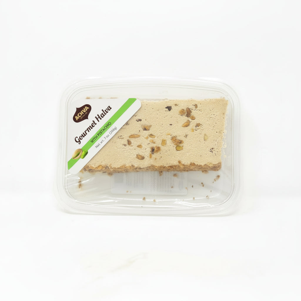 Packaged Achva Gourmet Halva with Pistachio in a clear plastic container.