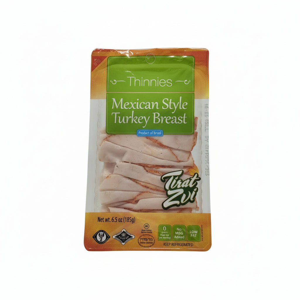 Packaged Tirat Zvi thin slices Mexican Style Turkey Breast, 6.5oz, in clear plastic wrapping with green and red label.