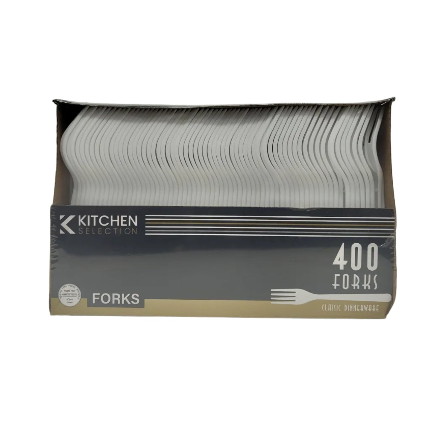 A box of Kitchen Select disposable white plastic forks, containing 400 forks.