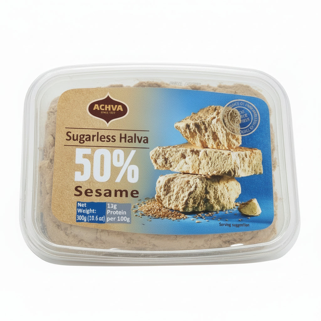 Packaged Achva Sugarless Halva with 50% Sesame shown in a clear plastic container with branding and product information.