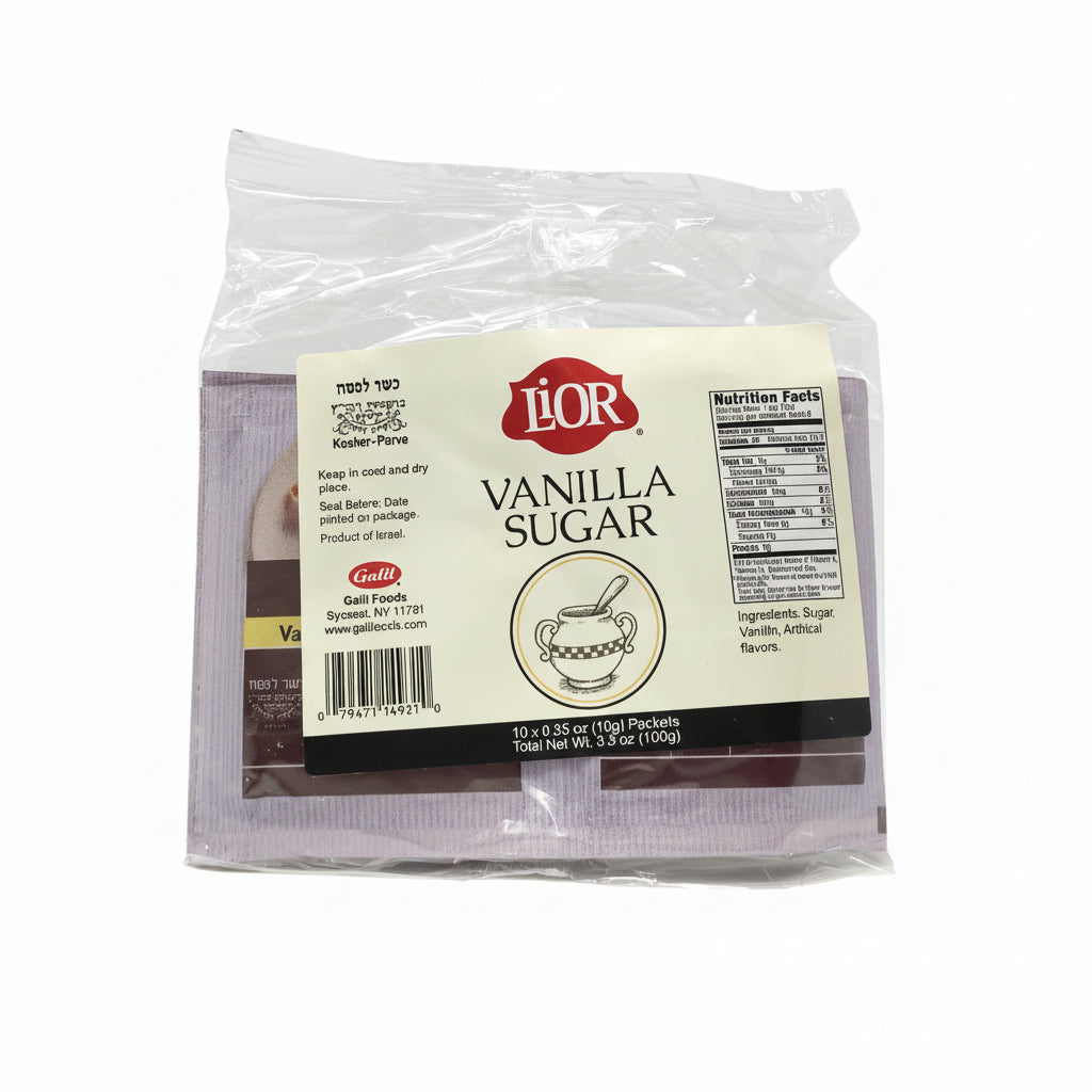 A pack of Lior vanilla sugar in a clear plastic packaging with a purple label, showing the product name and weight information.