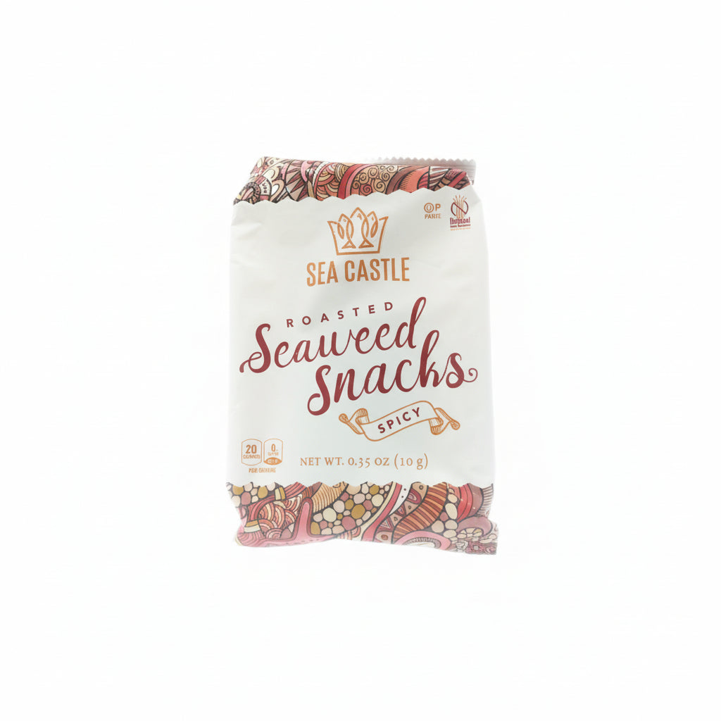 A packaged product of Sea Castle Roasted Seaweed Snacks, Spicy flavor, displayed against a neutral background.