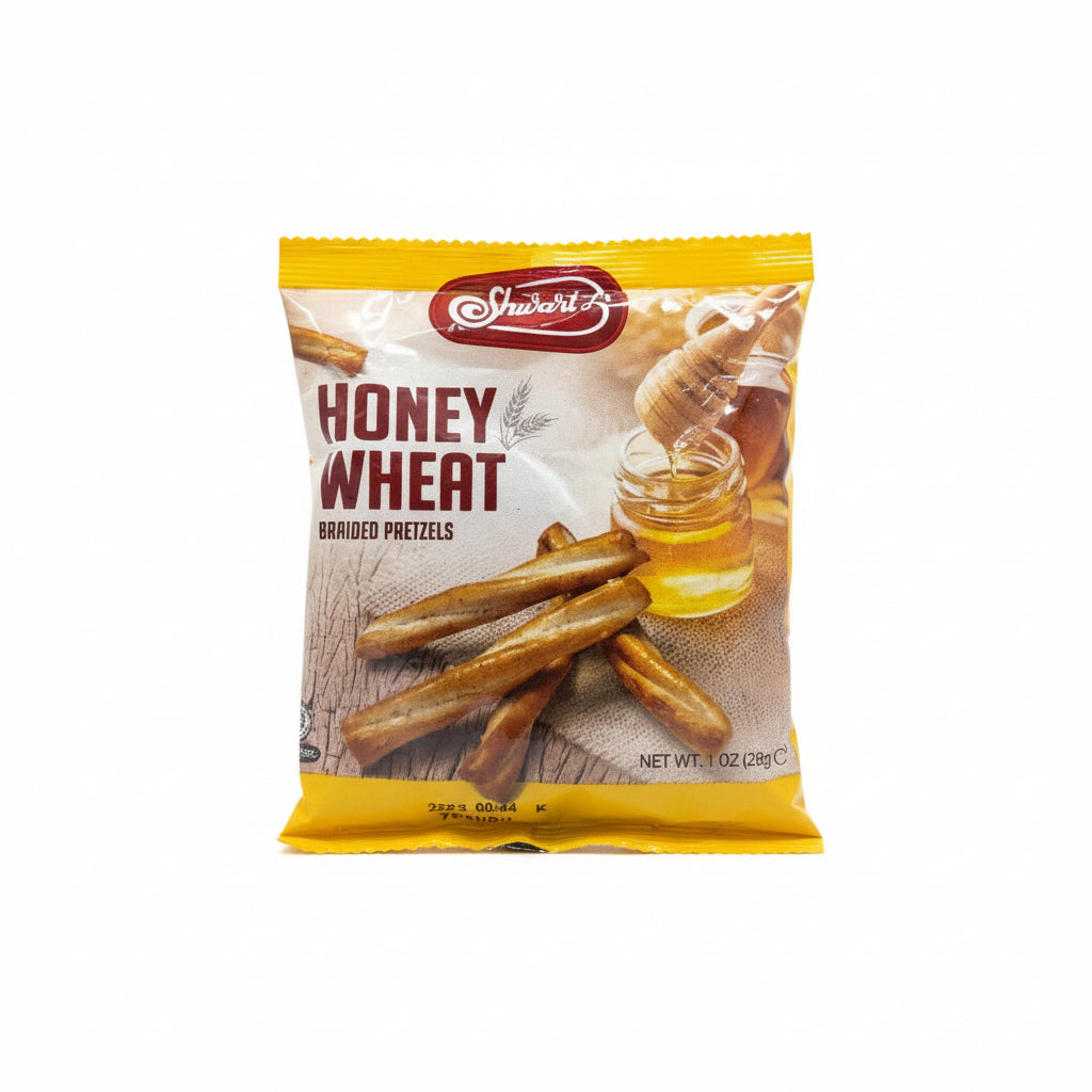 A package of Swartz Honey Wheat Braided Pretzels against a neutral background.