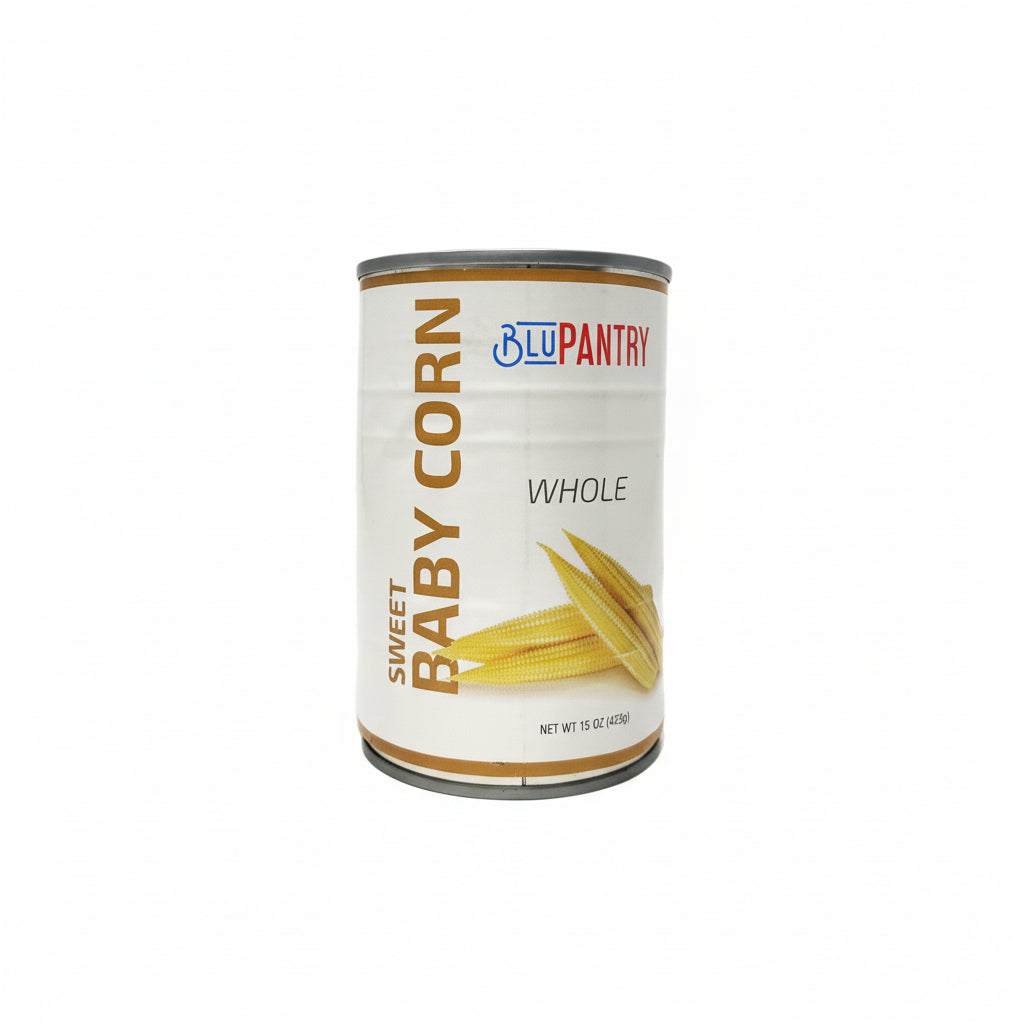 Can of Sweet Baby Corn with 'Old Pantry' branding on a white background