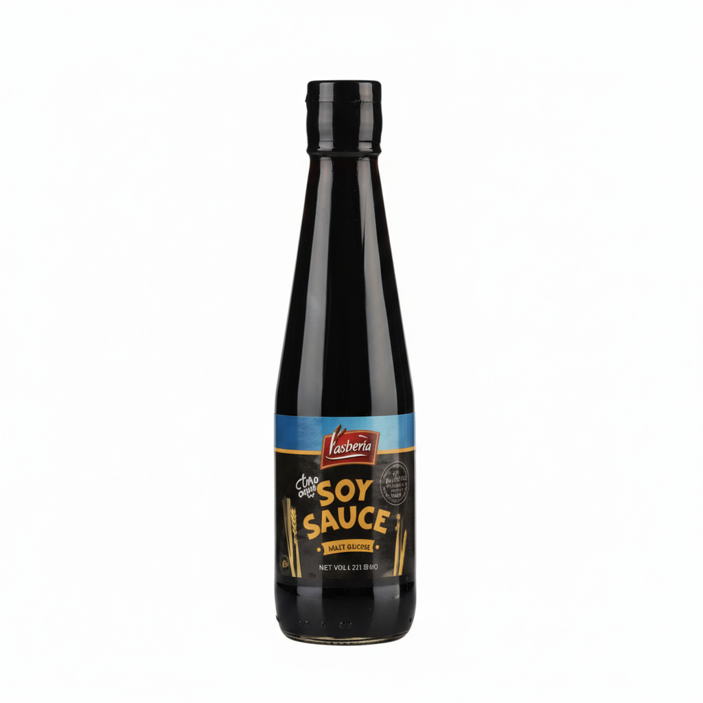 Bottle of soy sauce on a white background