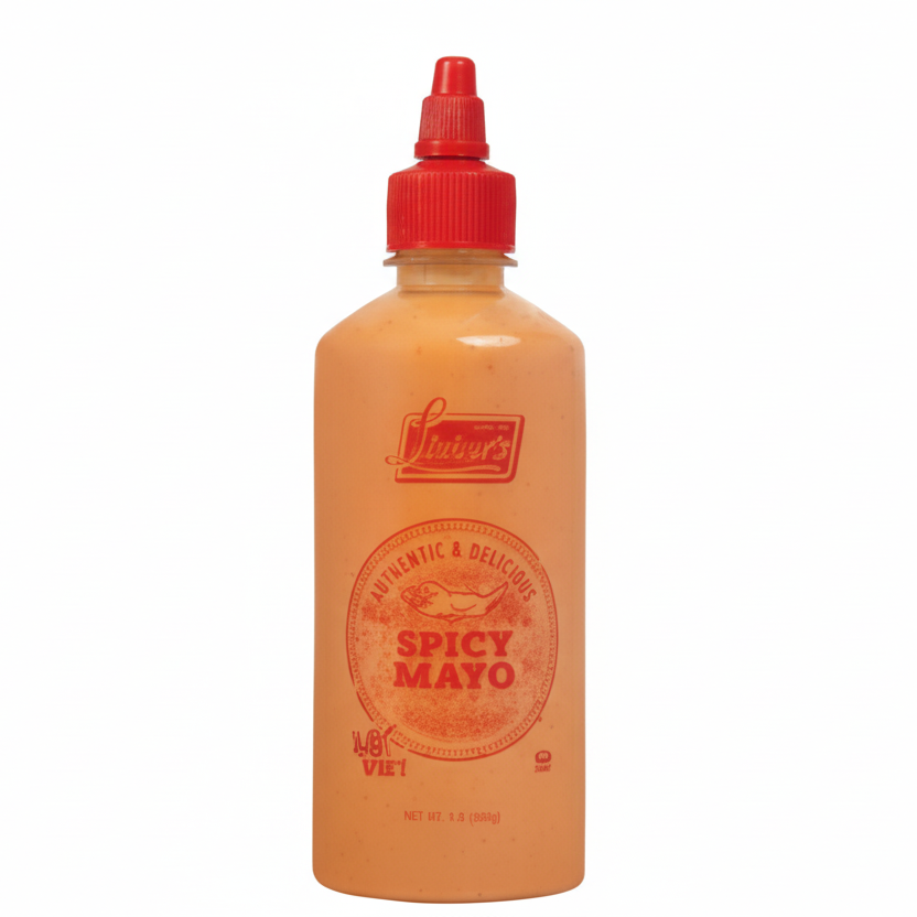 Bottle of spicy mayo with a red cap on a white background