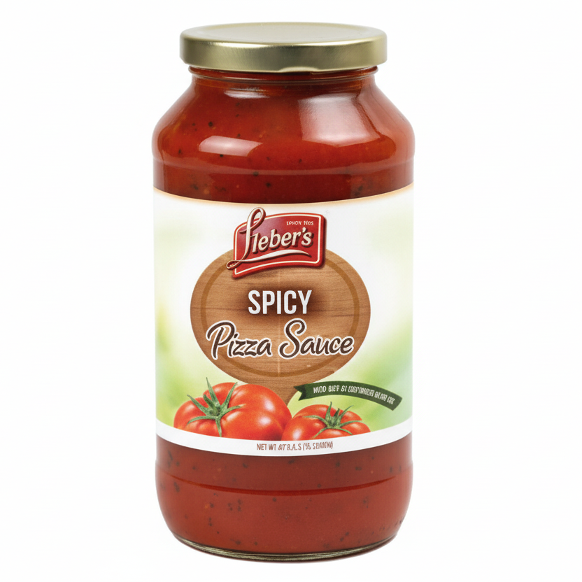 Jar of Lieber's Spicy Pizza Sauce on a white background