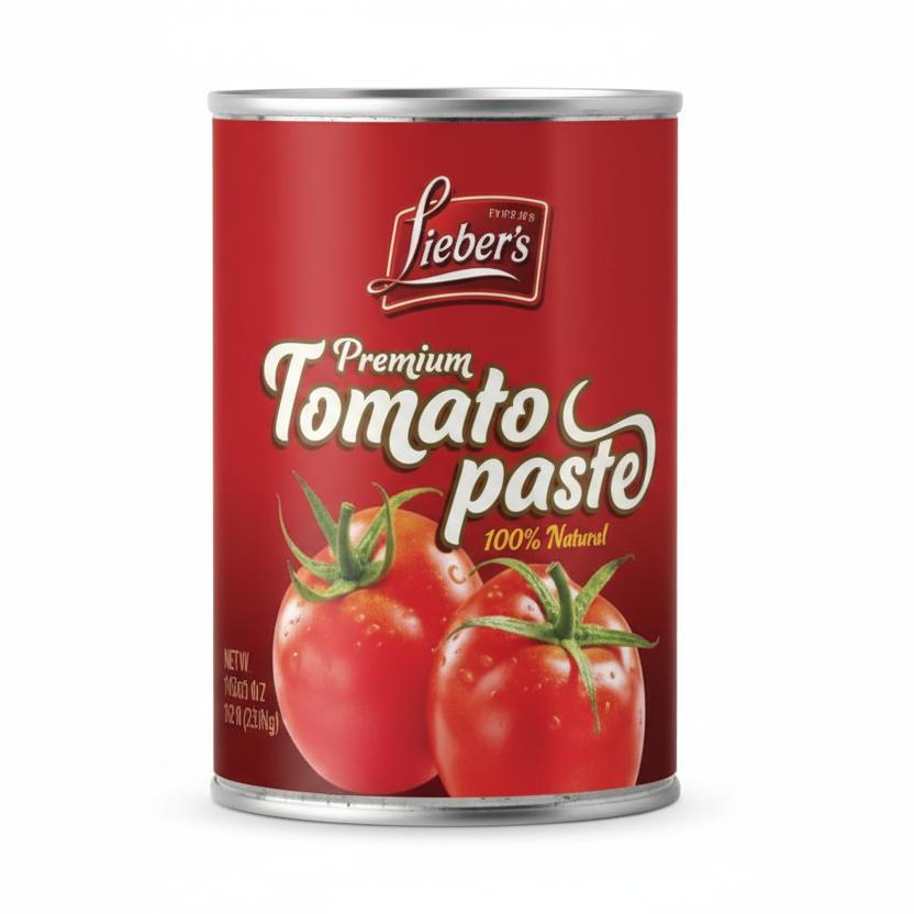 Can of Lieber's Premium Tomato Paste with tomato graphics on a white background