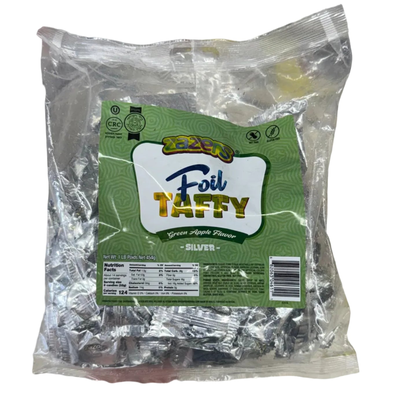 Packaged taffy with a green label on a blurred background