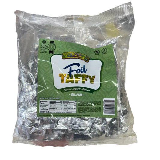 Packaged taffy with a green label on a blurred background