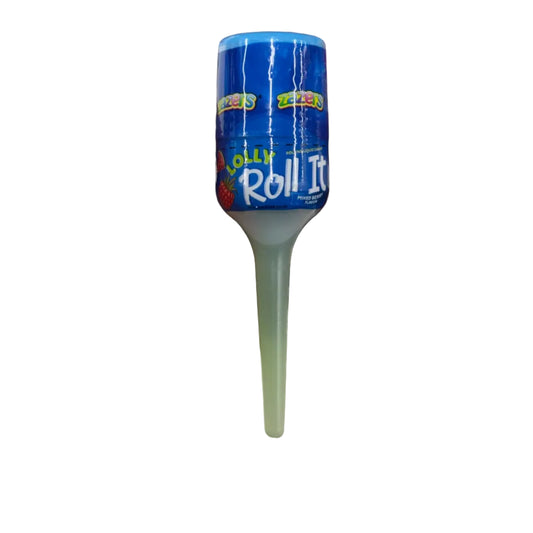small blue and white container with a green nozzle.