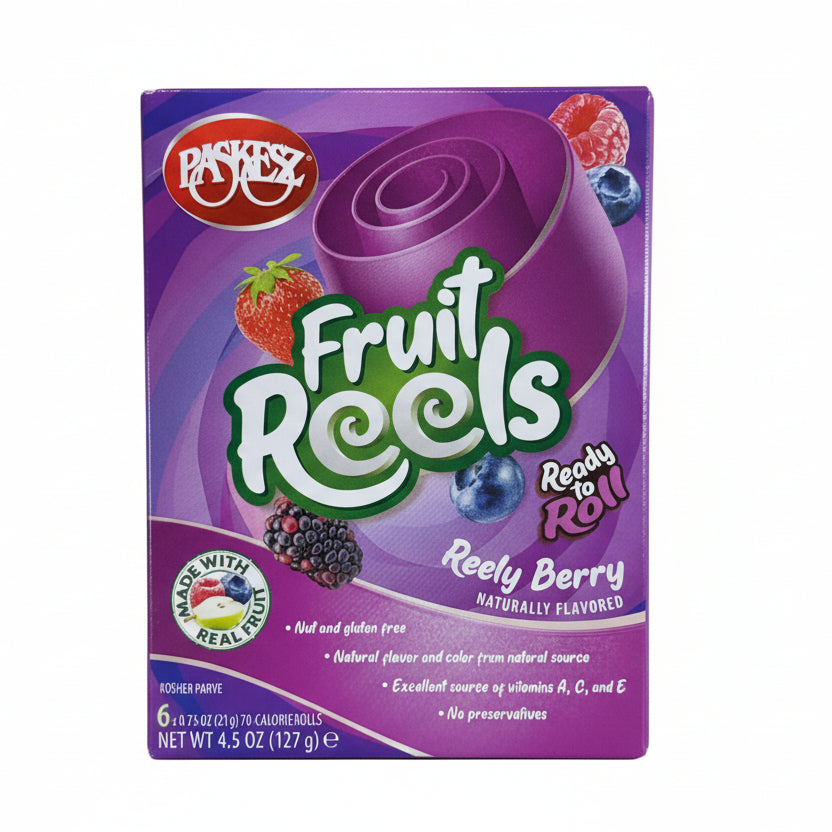 Purple box of Packets Fruit Reels Ready to Roll in berry flavor