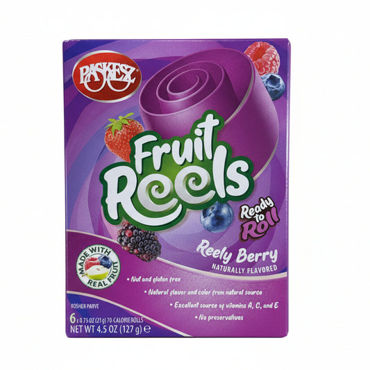 Purple box of Packets Fruit Reels Ready to Roll in berry flavor